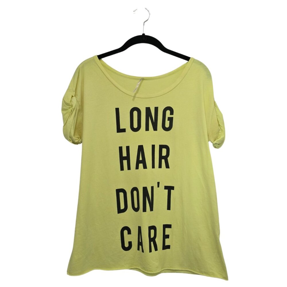 Long Hair Don’t Care” Yellow Graphic Tee – Women’s Shirt 💛